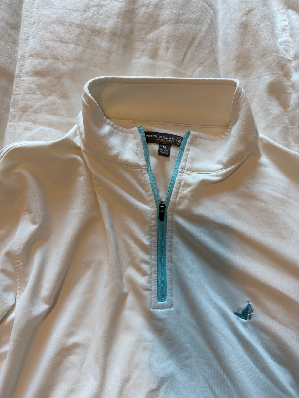 Peter Millar White Quarter-Zip Pullover with Aqua Trim